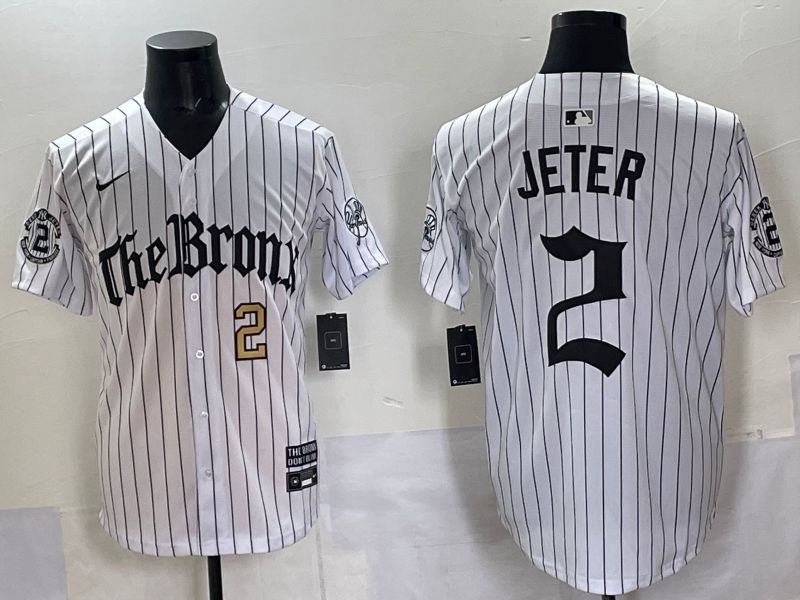 Men 2025 New York Yankees #2 Jeter White Stripe Five generations Joint Name Nike MLB Jersey style 02